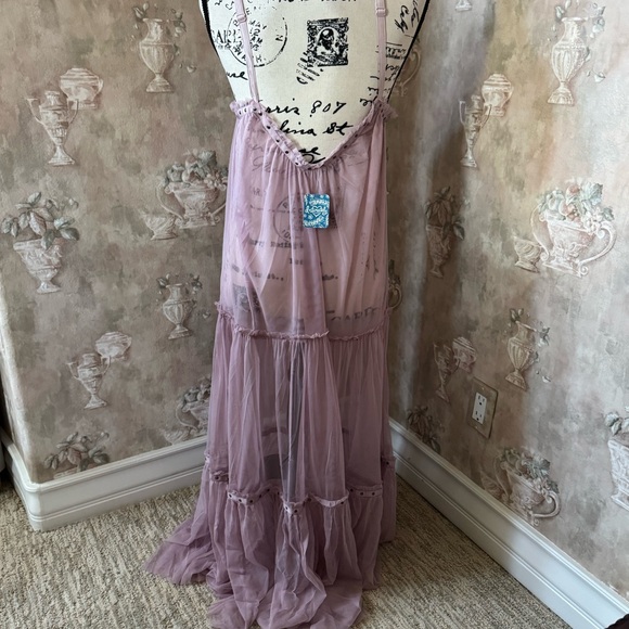 FREE PEOPLE NIGHT OUT SLEEVELESS TULLE MAXI SLIP DRESS SMALL MEDIUM PALE PINK - Picture 6 of 9